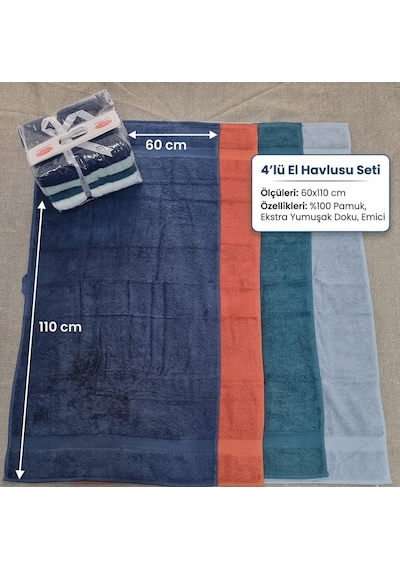Hobby Colorful 60 X 110 Çantalı 4'lü Havlu Set Lacivert - Tarçın - Haki Yeşil - Mavi