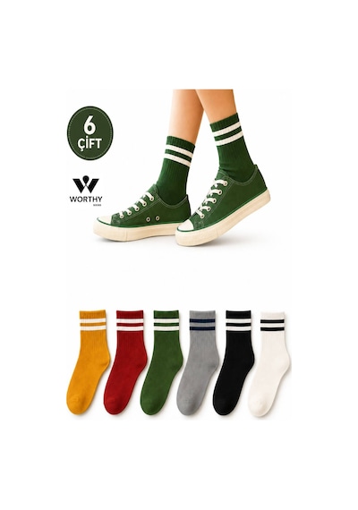 Worthy Socks 6'lı Kadın Çizgili Renkli Kolej Spor Çorap Seti Tenis Stili 6 Çift Çok Renkli