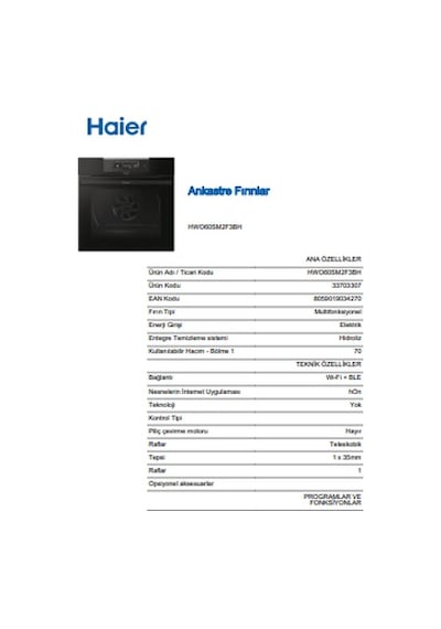 Haier HWO60SM2F3BH 70 L Ankastre Fırın