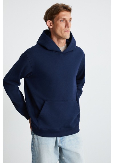 Grimelange GILMAR Erkek Şardonlu 3 İplik Kapüşonlu Kanguru Cepli Lacivert Sweatshirt