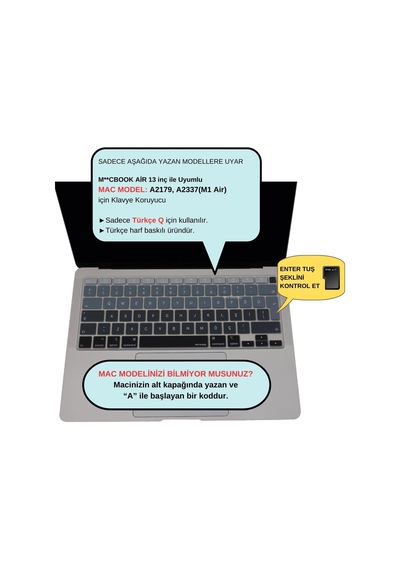 Türkçe Q Klavye Koruyucu Macbook Air A1932 A2179 A2337 M1 Uyumlu Uk Iso Ters L Enter Ultra İnce Silikon Keyboard Cover Siyah Gri