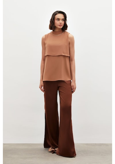Sateen Aksesuar Detaylı Volanlı Bluz - Kahve-134773 Kahve