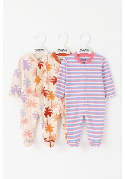 Toontoy Kids Toontoy Unisex Çok Desenli 3 Lü Patikli Tulum Pembe