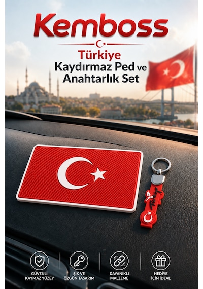 Kemboss Türkiye Kaydırmaz Ped Ve Türkiye Silikon Anahtarlık Seti Araç Torpido Kaymaz Mat Kırmızı