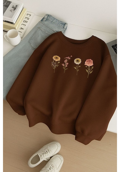 Benroma 3 İplik Penye Çiçek Baskılı Unisex Sweatshırt Kahverengi