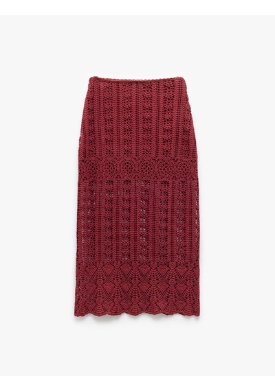 Koton Pamuklu Slim Fit Ajurlu Midi Boy Kroşe Etek Bordo 5sak10340ek Bordo