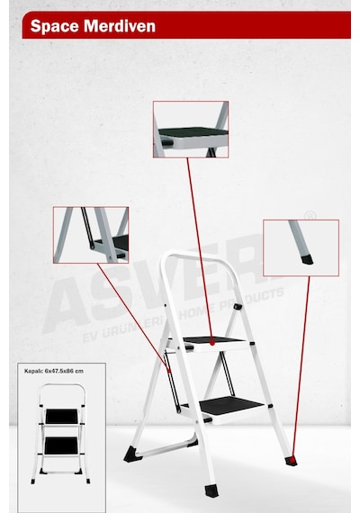 Asvera Space 2 Basamaklı Ev Tipi Metal Merdiven - Katlanır Geniş Kaymaz Mutfak Ve Ev Merdiveni Slim