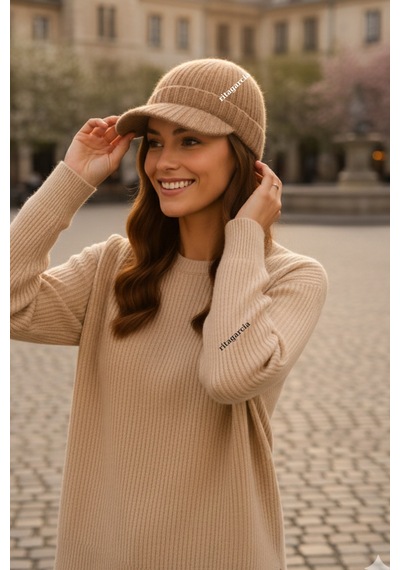 Ritagarcia Premium Soft Örgü Şapka / Bere - Siperli Kışlık Cap Şapka Camel Bej