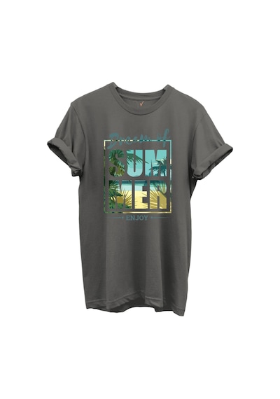 Dream Of Summer Yazılı Palmiye Ve Sahil Temalı %100 Pamuk Regular Fit Unisex T-shirt Gri