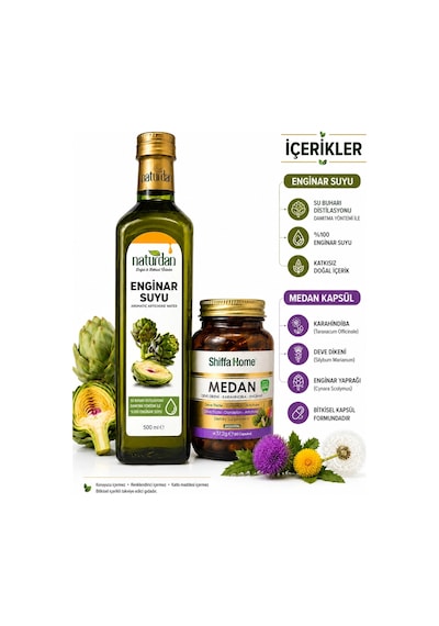 Naturdan Enginar Suyu 1l - Aromatik Su 1000 Ml & Shiffahome Medan 60 Kapsül