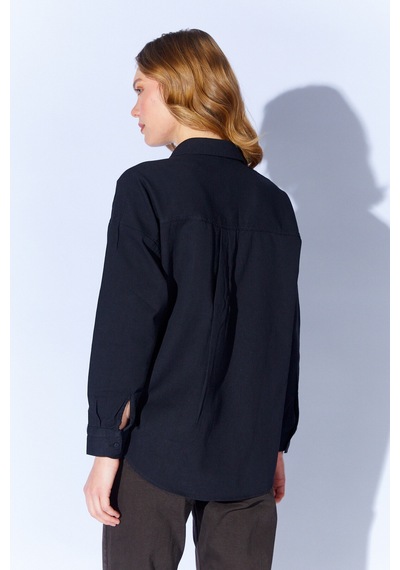 Manche Siyah Broş Detaylı Oversize Tek Cepli Gabardin Gömlek Mkw168174-01