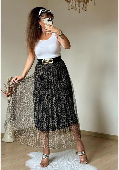 Azra Butik Açık Leopar Tül Etek Siyah