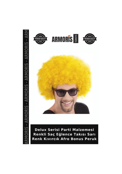 Delux Serisi Parti Malzemesi Renkli Saç Eğlence Takısı Sarı Renk Kıvırcık Afro Bonus Peruk