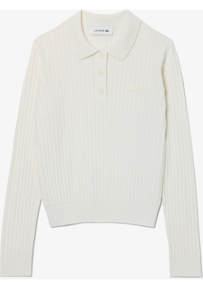 Lacoste Kadın Triko Uzun Kollu Polo Yaka Ekru