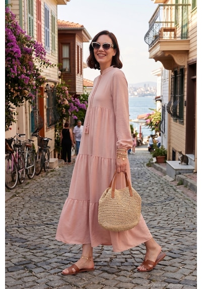 Lela Modest Regular Fit Dik Yaka Uzun Bayan Elbise 611El545 Bej