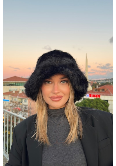 Mollycrush Suni Kürklü Peluş Bucket Kalpak Şapka Luxury Kadın Siyah Rus Slav Tarzı Siyah