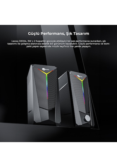 Lecoo DS104 Kablolu USB + 3.5mm Jack 6W RGB Aydınlatmalı Masaüstü Hoparlör Siyah