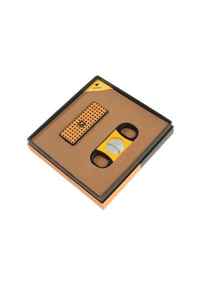 Cohiba Tek Torch Dama Desenli Çakmak Sarı Siyah Kesici İkili Puro Seti Tr9843