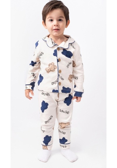 Kruvaze Yaka %100 Pamuk Smile Baskılı Relaxed Mevsimlik Pijama Takımı 4bb2 Beyaz
