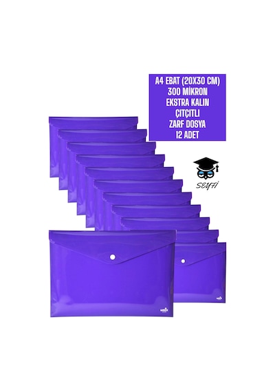 A4 Ebat 20x30 Cm 300 Mikron Ekstra Kalın Plastik Çıtçıtlı Zarf Dosya 12 Adet Pembe