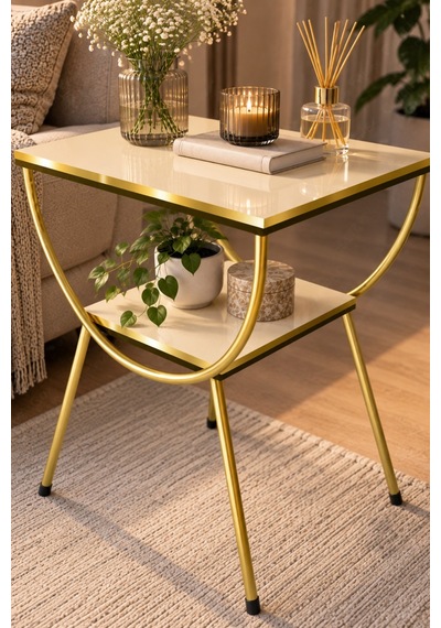 Sulorahome Yan Sehpa Komodin Gold Ve Krem Renkli İki Katlı Tasarım Altın - Krem