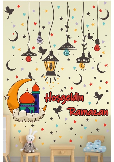 Ramazan Renkli Fener Sarkıt Cam Duvar Dekorasyon Sticker Seti Ramazan Süsü Ramazan Sticker