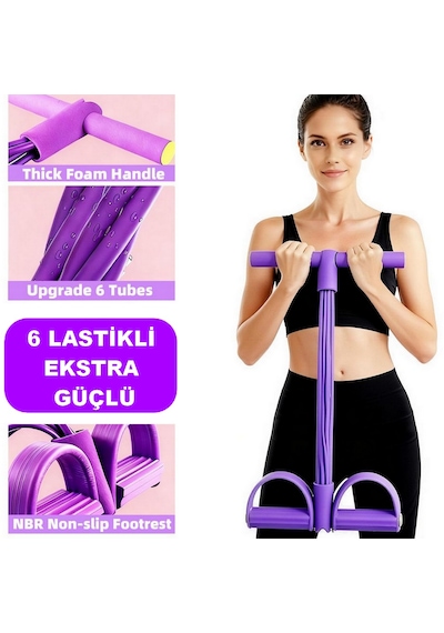 Body Trimmer Egzersiz Aleti El Ayak Egzersiz 6'lı Direnç Lastiği Karın Kası Çalıştırma Aleti 6 Tüplü Lastikli Spor Aleti 6 Lastikli Mor