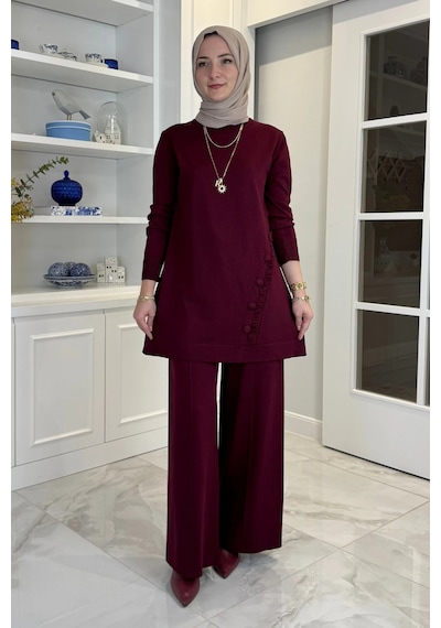 Rabia Şamlı Feryal Pantolonlu Triko Takım Bordo Normal