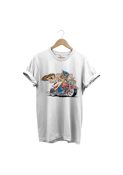 Motosiklet Motor Süren Adam Ve Kadın Baskılı %100 Pamuk Regular Fit T-shirt Beyaz