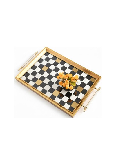 Dijital Baskılı Cam Servis Tepsisi Dama Motifli, Metal Kulplu 46x28 Cm Siyah