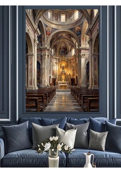 Tarihi Katedral İç Mekan Ve Sütunlar Dekoratif Kanvas - Mdf Ahşap Tablo