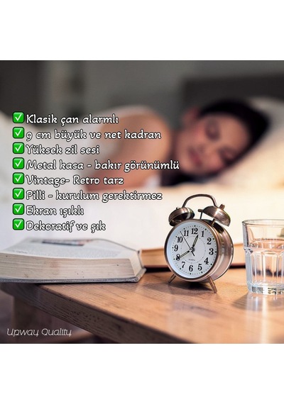 Upway Retro Tarz Bakır Masa Saati Büyük Boy Çanlı Tokmaklı Işıklı Metal Kasalı Bakır