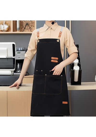 Valkyrie Suya Dayanıklı Barista Önlüğü Ayarlanabilir Askılı Cepli Mutfak Kafe Garson Önlüğü Siyah 74 Cm