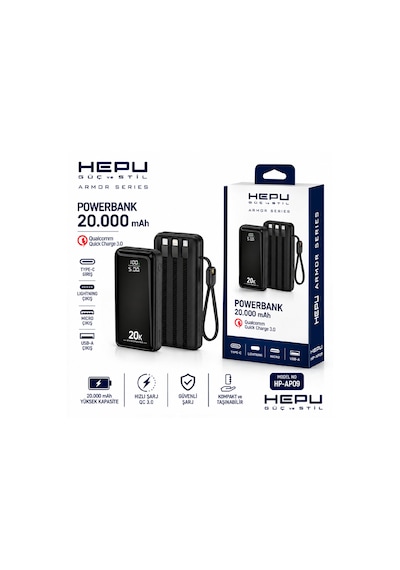 Hepu Hp-ap09 20.000 Mah 22.5w Hızlı Şarj Powerbank Entegre Kablolu Dijital Göstergeli