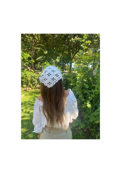 Çiçek Desen Örgü Bandana Beyaz Beyaz
