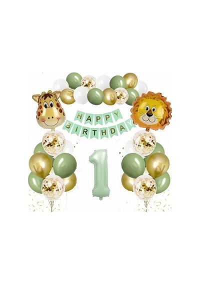 Safari Temalı 1 Yaş Doğum Günü Balon Seti, Aslan Zürafa Folyo Balon, Rakam Balon, Happy Birthday Pankartı Çok Renkli