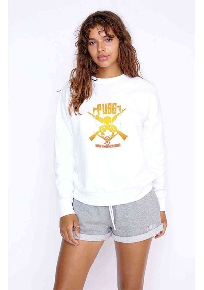 Pubg Kurukafa Sarı Baskılı Beyaz Kadın Sweatshirt