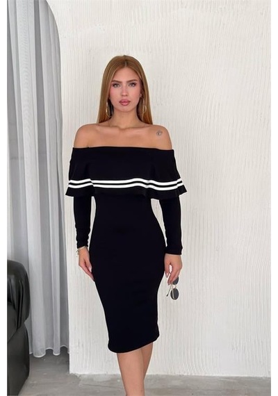 Dip Moda Kadın Carmen Yaka Çizgi Detaylı Triko Elbise Dpnbk2192 Siyah