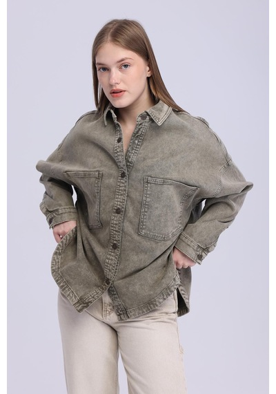 Selectmoda Kadın Çift Cepli Çıtçıt Kapamalı Oversize Kot Gömlek haki