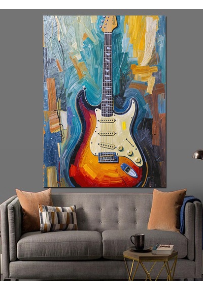 Renkli Klasik Gitar Tablosu Dekoratif Kanvas - Mdf Ahşap Tablo