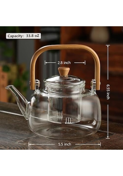 Bambu Saplı Isıya Dayanıklı Borosilikat Cam Süzgeçli Demlik 1000ml, Isıya Dayanıklı Cam Bitki Çayı Demliği 1000ml