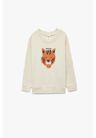 Koton Erkek Bebek Pamuklu Uzun Kollu Bisiklet Yaka Kaplan Baskılı Sweatshirt Ekru