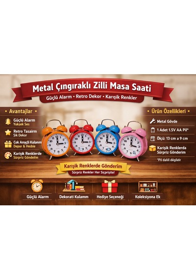 Metal Zilli Masa Saati Güçlü Alarm, Dekoratif Tasarım, Özel Günlerde Hediye Seçeneği Karışık