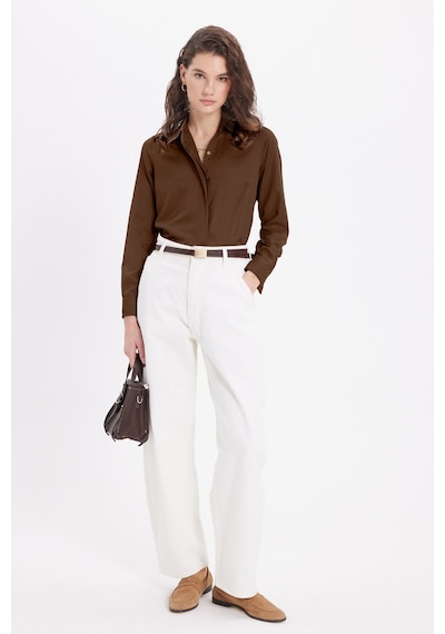 Tudors Kadın Slim Fit Dar Kesim Vucüda Oturan Uzun Kollu Gizli Düğme Detaylı Kahverengi Basic Gömlek-42049