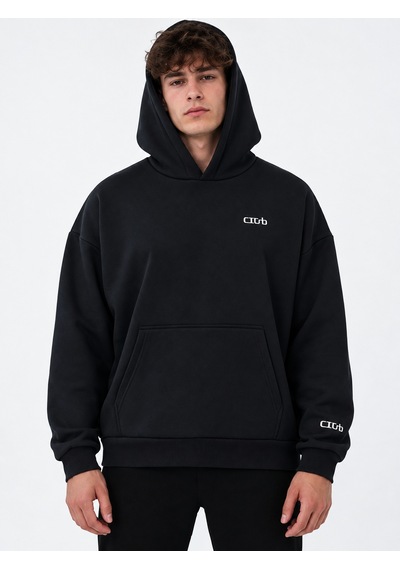 We&me Oversize Geniş Kalıp Baskılı Kapüşonlu Erkek Sweatshirt Siyah