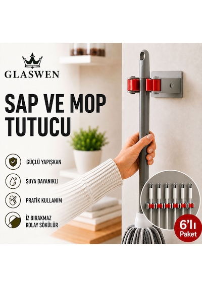 6 Adet Paspas Süpürge Fırça Ve Mop Askısı Sap Tutucu Mutfak Banyo Askı Yapışkanlı Düzenleyici Askılık Gri