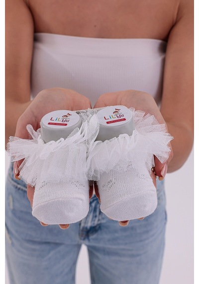 Burçak Çorap Soft Yıkamalı Kız Bebek Çorabı - Tül Ve Güpür Detaylı Pamuklu Model 4'lü Çok Renkli