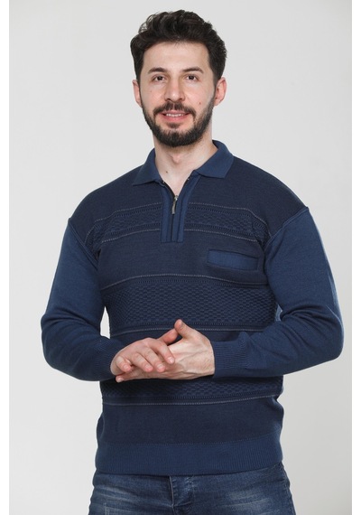 Kzc Tekstil Erkek Baba Orta Yaş Ve Üzeri Triko Örgü Akrilik Kışlık Regular Fit Cepli Fermuarlı Polo Yaka Kazak Mavi