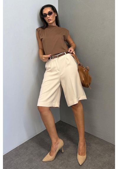 Madmext Bej Pileli Kadın Bermuda Şort Mg2483 Bej