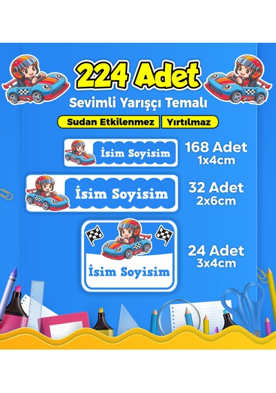 Sevimli Yarışçı Temalı Okul Kreş Kişiye Özel İsim Etiket Seti - Model 267 Çok Renkli